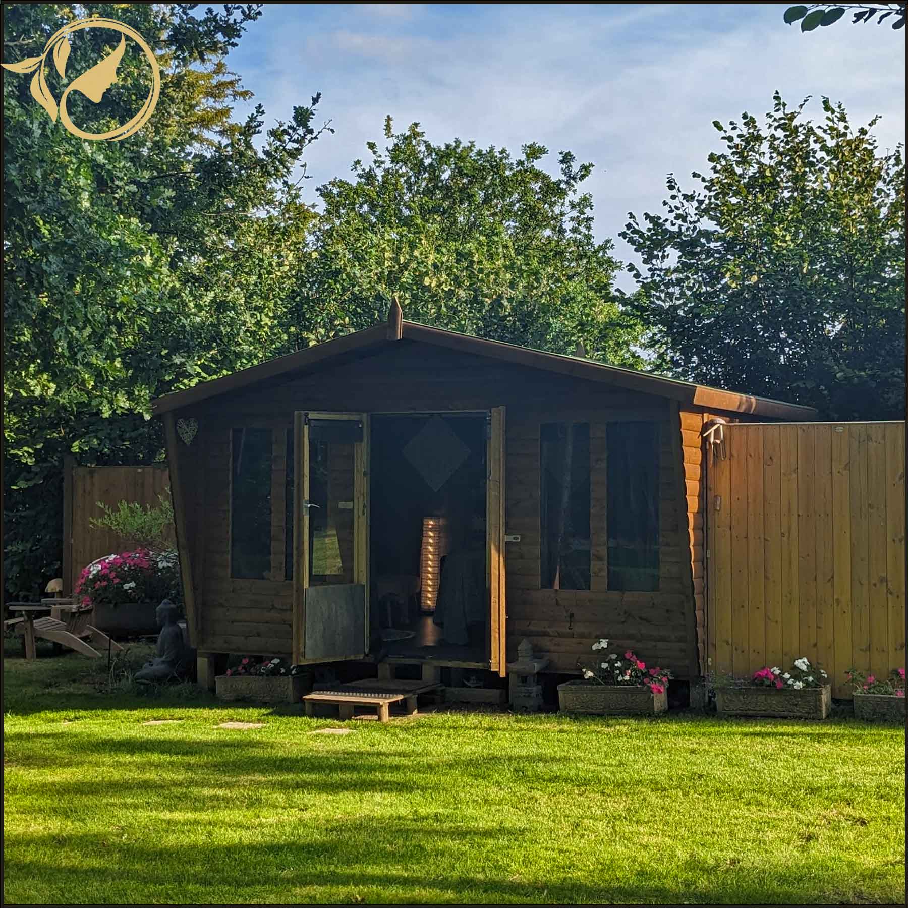 The private woodland beauty salon building at The Tollwood Retreat surrounded by tranquil trees in Crowborough.